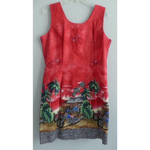 KY's Motorcycle Print Hawaiian Dress Red Chopper Tropical Sundress Size Large - Picture 1 of 11